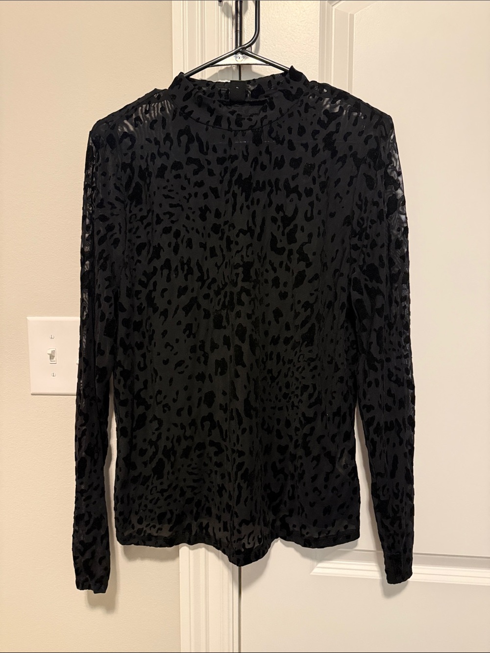 SHEIN Black Long Sleeve Velvet Burnout Mock Neck Top